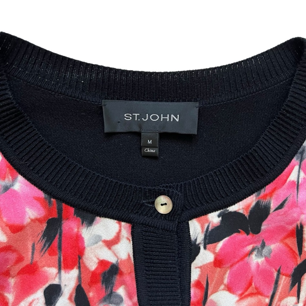 St. John Pink Cascading Floral Silk Black Sweater Cardigan Size M Office Career - Picture 8 of 12